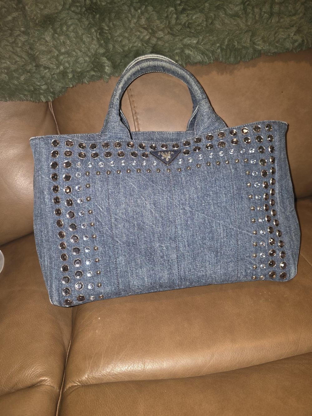 Prada Canapa Blue Studded Denim Tote - Picture 3 of 11
